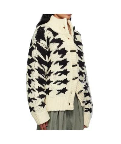 Open Yy Off-white & Black Hound's Tooth Star Cowichan Cardigan In White