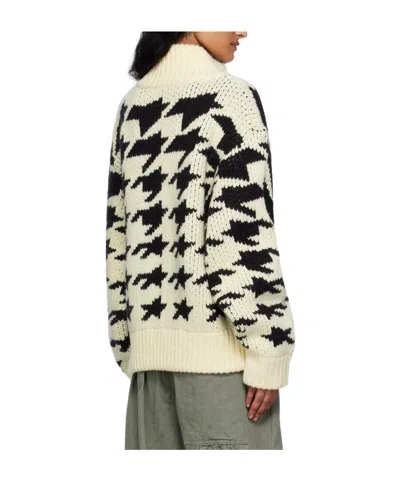 Open Yy Off-white & Black Hound's Tooth Star Cowichan Cardigan In White