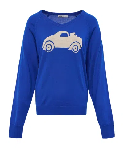 Open Yy Car Pattern Knitted Sweater In Blue