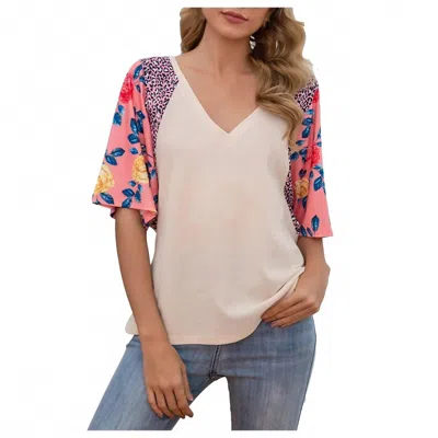 C+d+m Waffle Floral/leopard Sleeve Top In Pink In Multi
