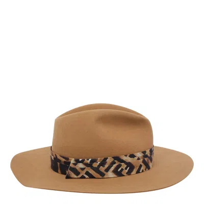 Fendi Stylish Wide Brim Hat With Decorative Band In Brown