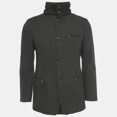 Pre-owned Emporio Armani Grey Wool & Cotton Concealed Hood Coat M In Gray