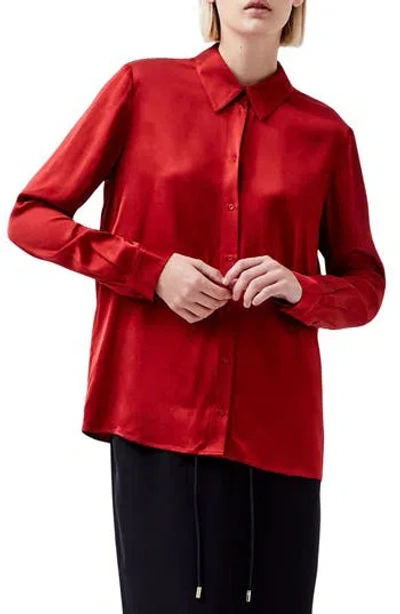French Connection Ennis Satin Button-up Shirt In Burgundy