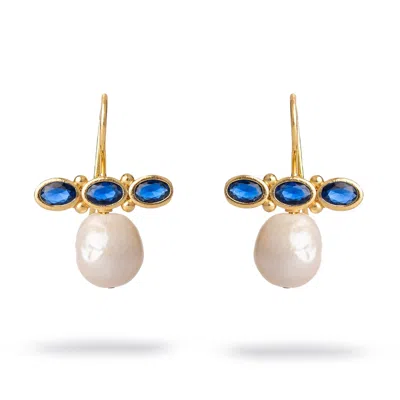 Ebru Jewelry Women's Blue / White / Gold Royal Sapphire Pearl Drop Earrings - Blue In Multi