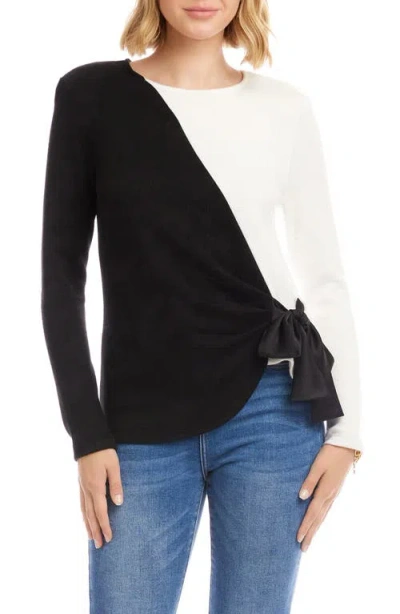 Karen Kane Colorblock Satin Bow Crossover Hem Knit Top In Black