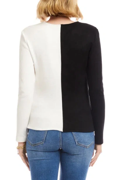 Karen Kane Colorblock Satin Bow Crossover Hem Knit Top In Black