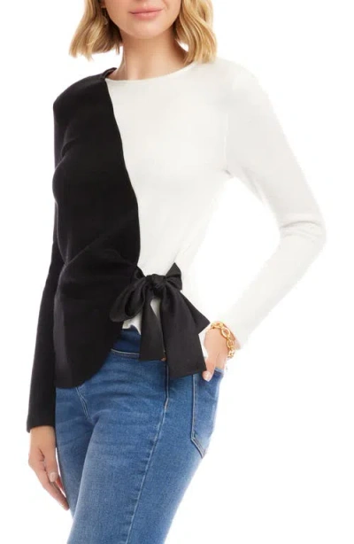Karen Kane Colorblock Satin Bow Crossover Hem Knit Top In Black