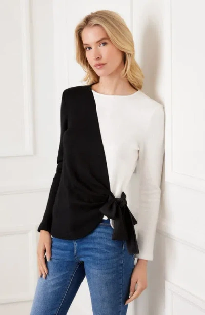 Karen Kane Colorblock Satin Bow Crossover Hem Knit Top In Black