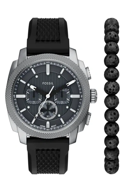 Fossil Machine Chronograph Silicone Strap Watch & Bracelet Set, 44mm In Black