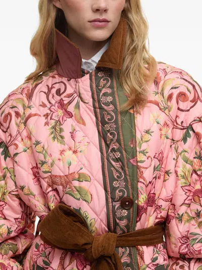 Farm Rio X Barbour Cami Floral Quilted Belted Coat In Pink