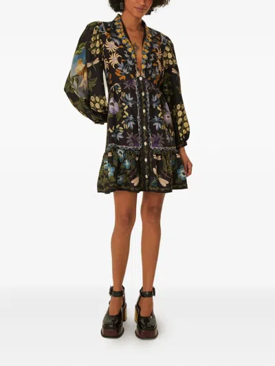 Farm Rio Button Floral Mini Dress In Black