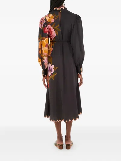 Farm Rio Scalloped Floral Midi Dress In Black