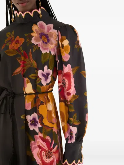 Farm Rio Scalloped Floral Midi Dress In Black