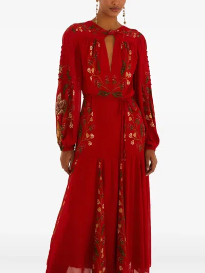 Farm Rio Red Berry Garden Long Sleeve Pleated Maxi Dress In Multi