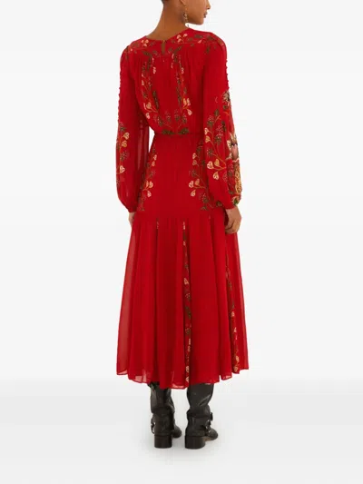 Farm Rio Red Berry Garden Long Sleeve Pleated Maxi Dress In Multi