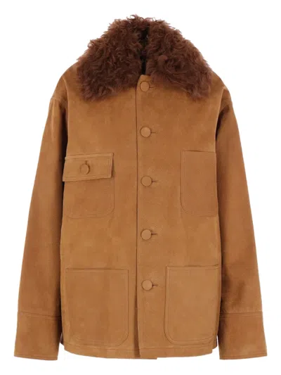 Plan C Shearling-collar Pocket Jacket In Brown