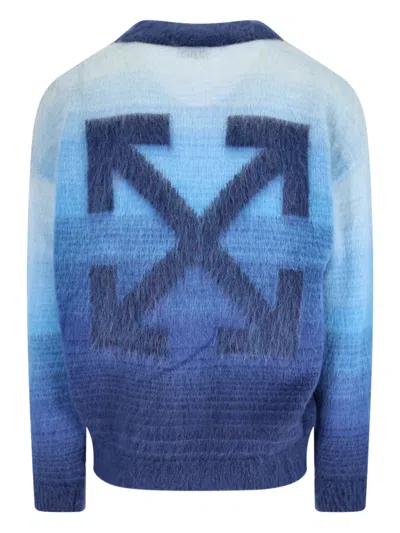 Off-white Gradient Crewneck Sweater With Ribbed Cuffs And Hem In Blue