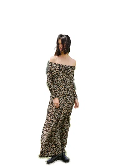 Farm Rio Off-shoulder Floral-pattern Maxi Dress In Black