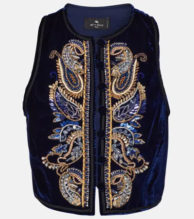 Etro Embroidered Embellished Velvet Vest In Black