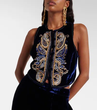 Etro Embroidered Embellished Velvet Vest In Black