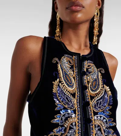 Etro Embroidered Embellished Velvet Vest In Black