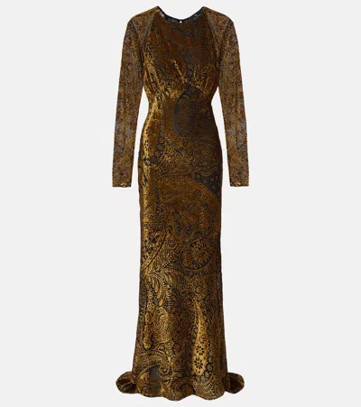 Etro Floral Paisley Motif Long Burnout Velvet Dress In Green