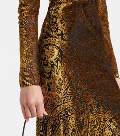 Etro Floral Paisley Motif Long Burnout Velvet Dress In Green