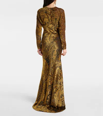 Etro Floral Paisley Motif Long Burnout Velvet Dress In Green