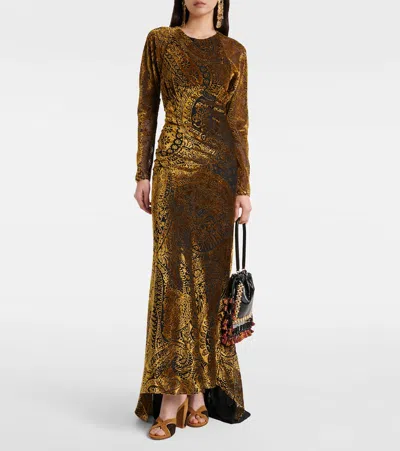 Etro Floral Paisley Motif Long Burnout Velvet Dress In Green