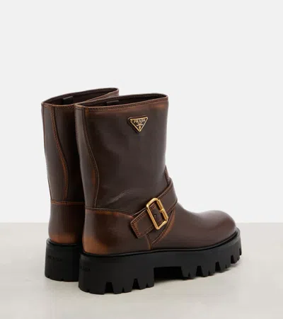 Prada Triangle Logo Distressed Leather Ankle Boots In Brown