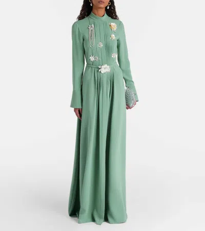 Oscar De La Renta Brooch Embroidered Long Sleeve Caftan In Green
