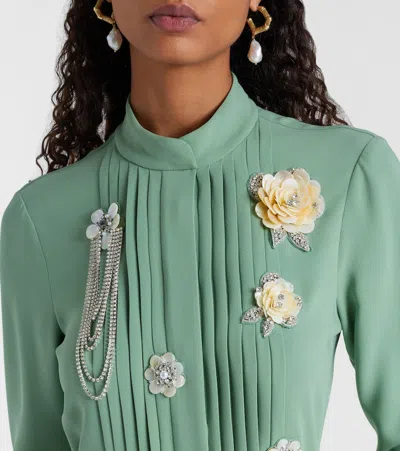 Oscar De La Renta Brooch Embroidered Long Sleeve Caftan In Green