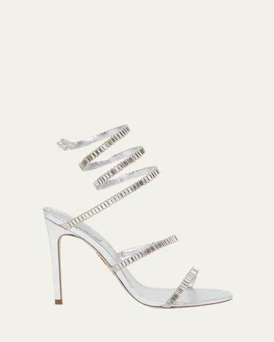 René Caovilla Metallic Leather Strass Snake Ankle Wrap Sandals In Silver