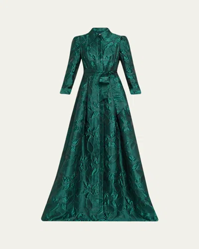 Rickie Freeman For Teri Jon Metallic Jacquard Floral Shirt Gown In Green
