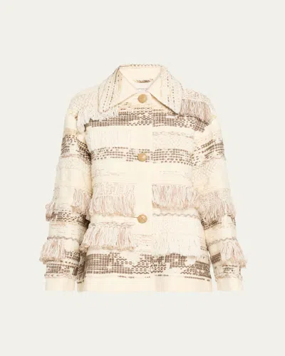 Lafayette 148 Merino-cashmere Woven Fringe Jacket In Neutral