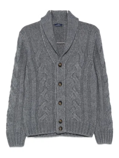 Barba Napoli Barba Cardigan With Shawl Collar In Cable Knit In Brown