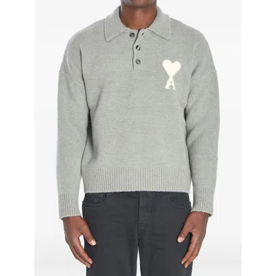 Ami Alexandre Mattiussi Ami Paris Polo Ami De Coeur With Embroidery In Gray