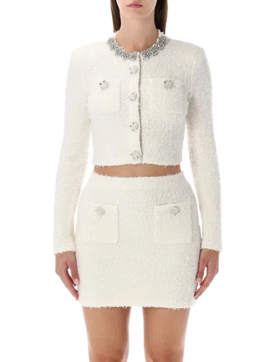 Self-portrait White Crewneck Cropped Cardigan With Crystal Embellishments On The Collar In Cotton Blend Woman In White