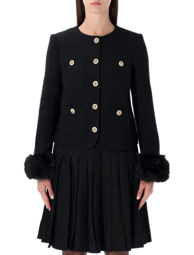 Self-portrait Boucle Cropped Jacket Eco Fur Sleeve In Black