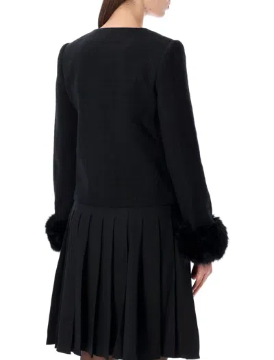 Self-portrait Boucle Cropped Jacket Eco Fur Sleeve In Black