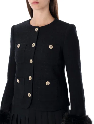 Self-portrait Boucle Cropped Jacket Eco Fur Sleeve In Black