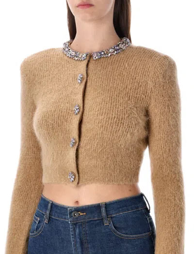 Self-portrait Camel Alpaca Cropped Cardigan With Crystal Trims In Brown