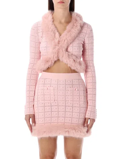 Self-portrait Pink Knit Cropped Cardigan With Faux Fur Collar In Pink