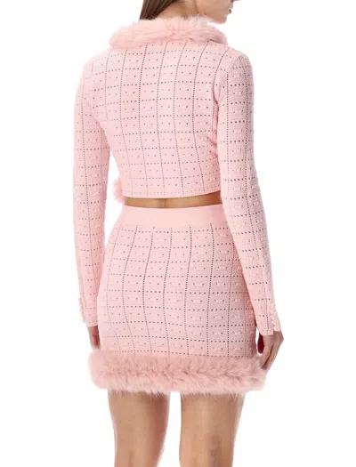 Self-portrait Pink Knit Cropped Cardigan With Faux Fur Collar In Pink