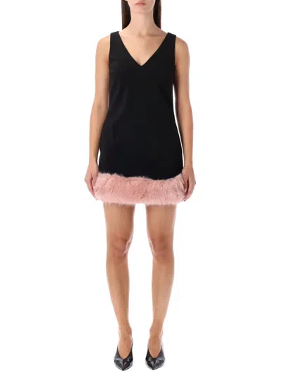 Self-portrait Back Crepe Mini Dress With Pink Faux Fur Hem In Black
