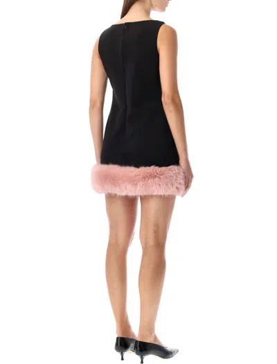 Self-portrait Back Crepe Mini Dress With Pink Faux Fur Hem In Black