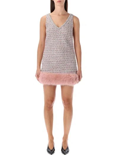 Self-portrait Pink Bouclé Faux Fur Hem Minidress In Pink