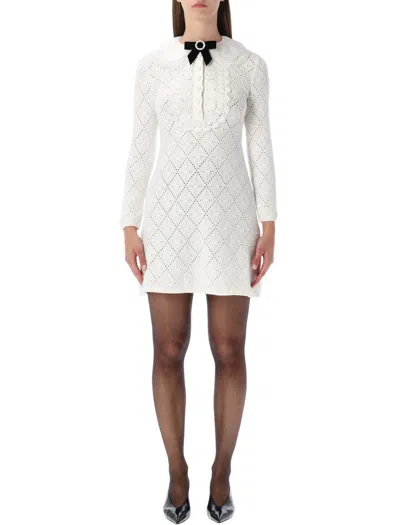 Self-portrait White Lace Knit Mini Dress With Removable Bow In White
