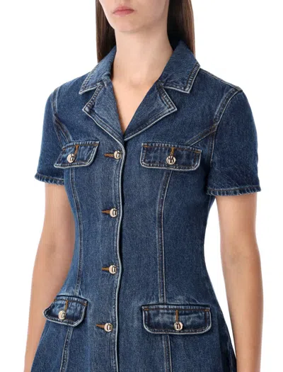 Self-portrait Blue Denim Mini Dress With Gold Buttons In Blue