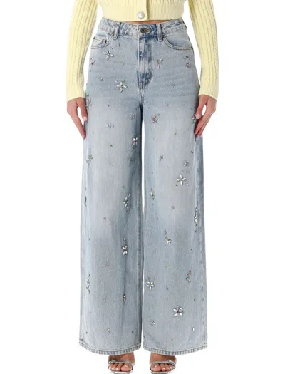 Self-portrait Embellished Wide-leg Jeans With Crystal Embellishment In Blue
